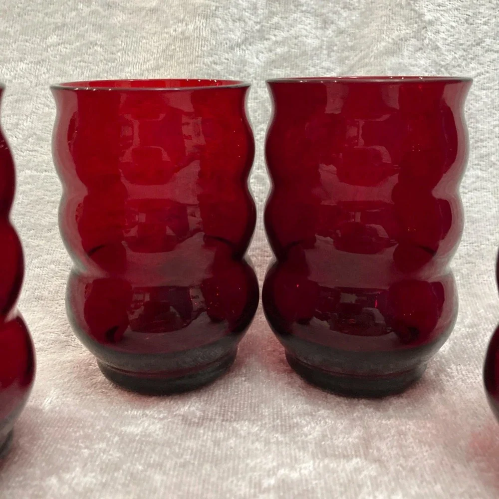 Anchor Hocking Royal Ruby Red Bubble Whirly Twirly 6oz Drinking Glasses (4) VTG
